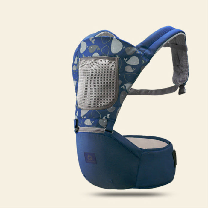 Blue baby carrier with pattern on a beige background