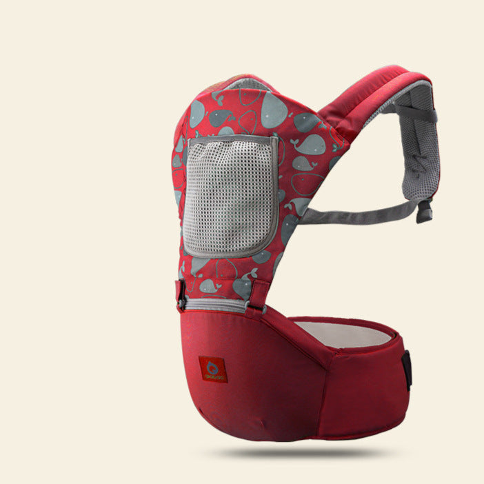 Red baby carrier with gray accents on a beige background
