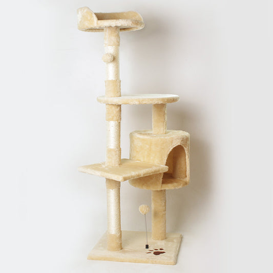 Beige cat tree with multiple levels on a white background