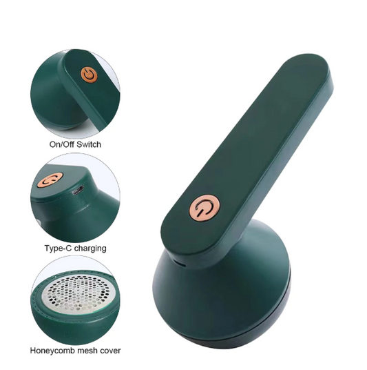 A green handheld electric lint remover device with an on/off switch, Type-C charging, and a honeycomb mesh cover on a white background.