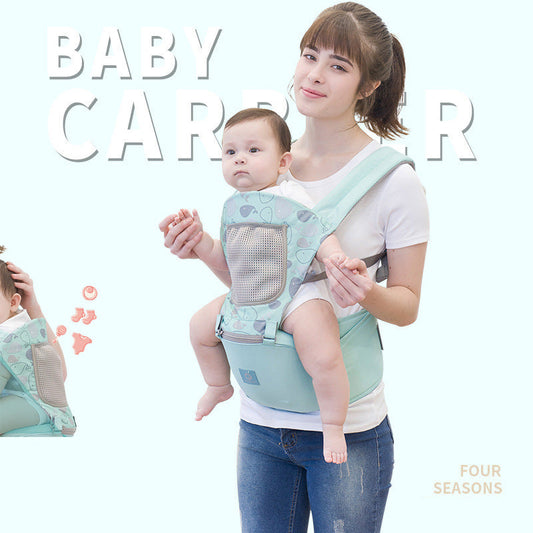 Woman holding a baby in a green baby carrier with text and illustrations on a light blue background.