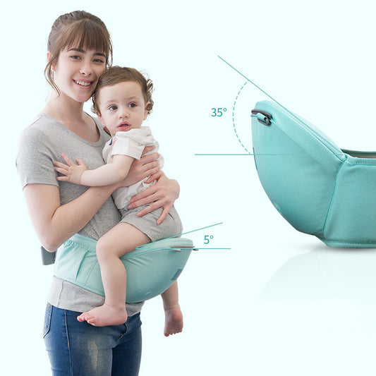 Woman holding a child using a baby carrier with product details on a white background
