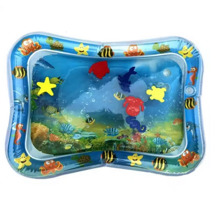 Inflatable water mat with underwater scene and cartoon fish on a white background