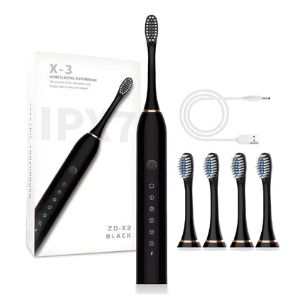 Black electric toothbrush with packaging, USB cable, and replacement heads on a white background