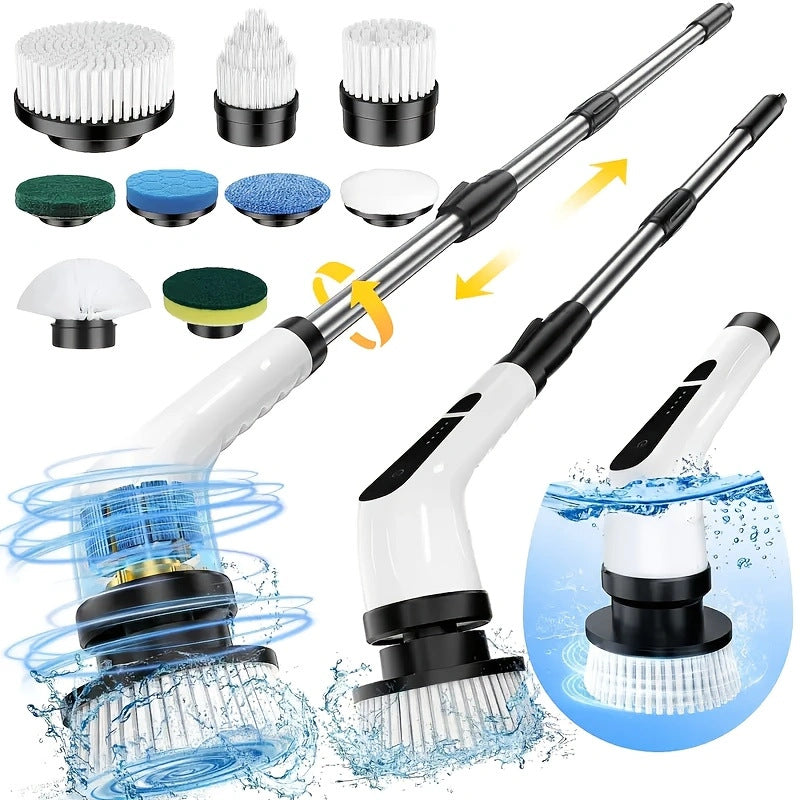 Cleaning tool with multiple brush heads and water spray on a white background