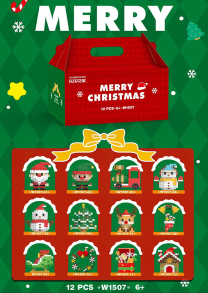 Red Christmas gift box with miniature figures on a green patterned background