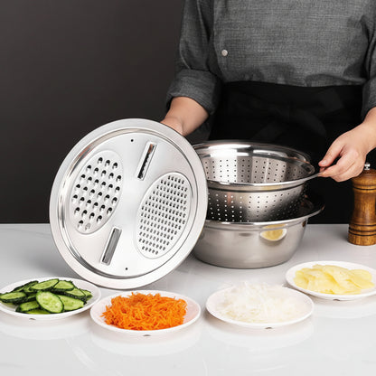 Person holding a stainless steel kitchen tool with vegetables on plates in the foreground