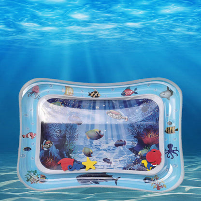 Inflatable pool toy with underwater scene and fish illustrations on a blue water background