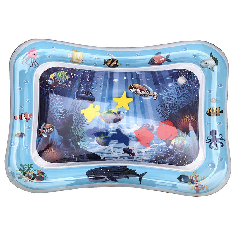 Inflatable water baby mat with underwater scene and fish illustrations on a white background