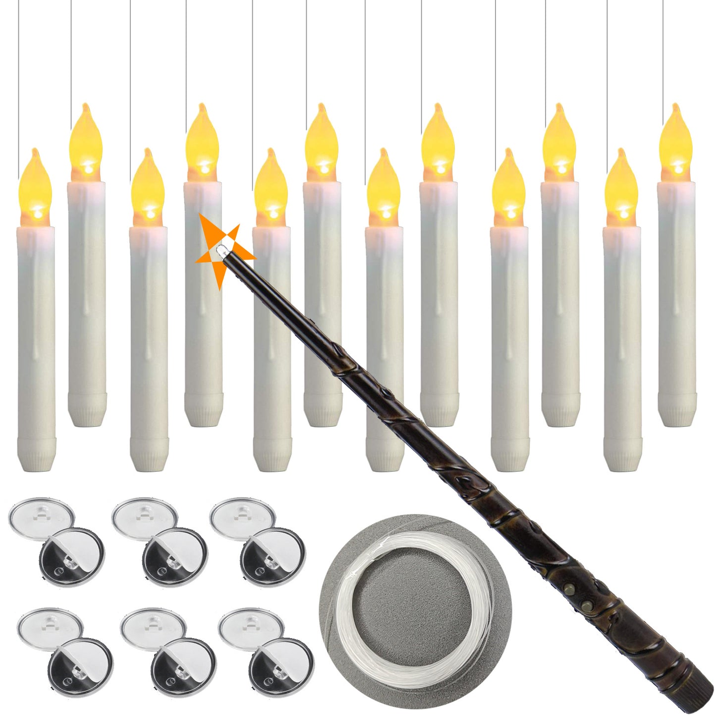 Set of LED floating candles with a wand on a white background