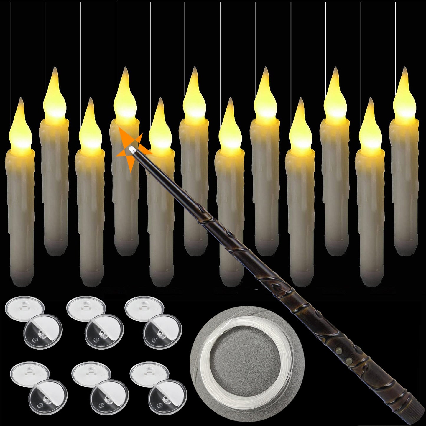 Set of LED floating candles with a wand and candle holders on a black background