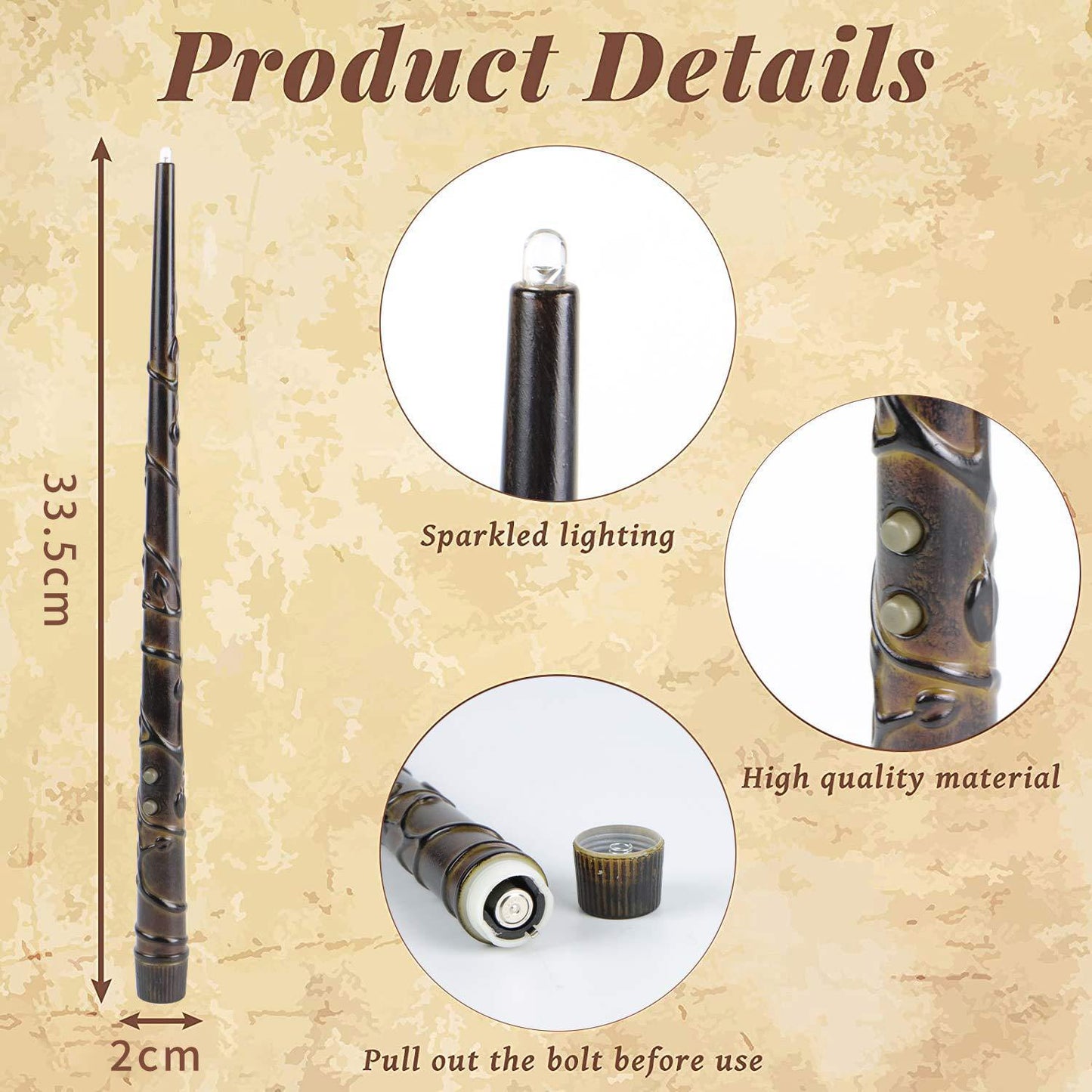Product details of a wand with measurements and features on a textured background