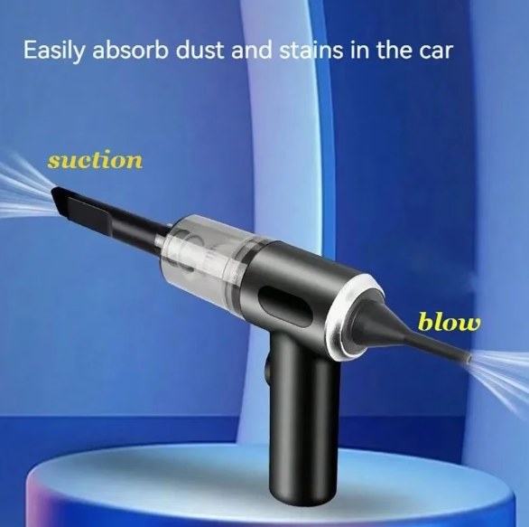Wireless handheld vacuum cleaner with text on a blue background